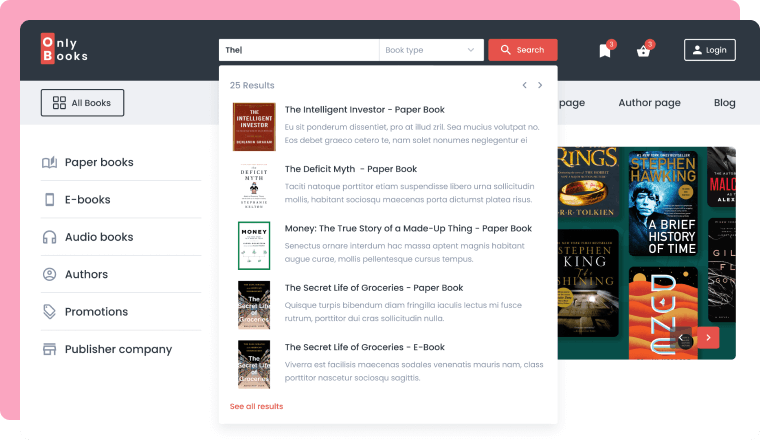 live search functionality on a bookstore website