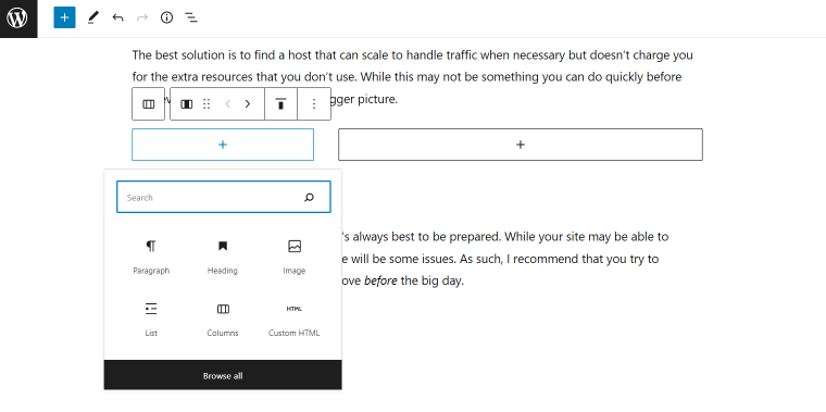 Wordpress block plus in column