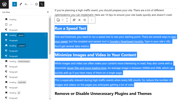 Moving wordpress blocks via list view