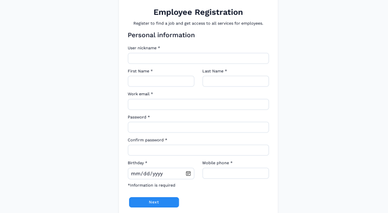 job board employee registration form