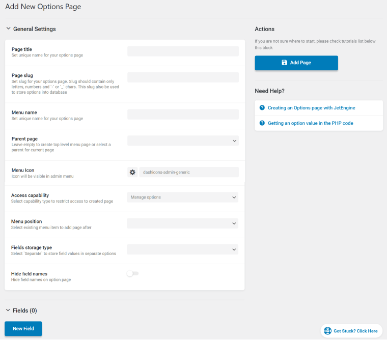 JetEngine WordPress custom options pages