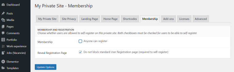 my private site membership tab