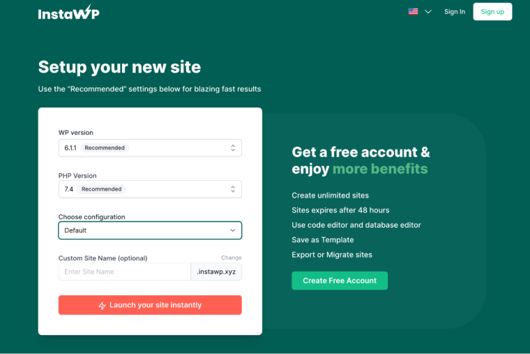 Instawp setup new site for free