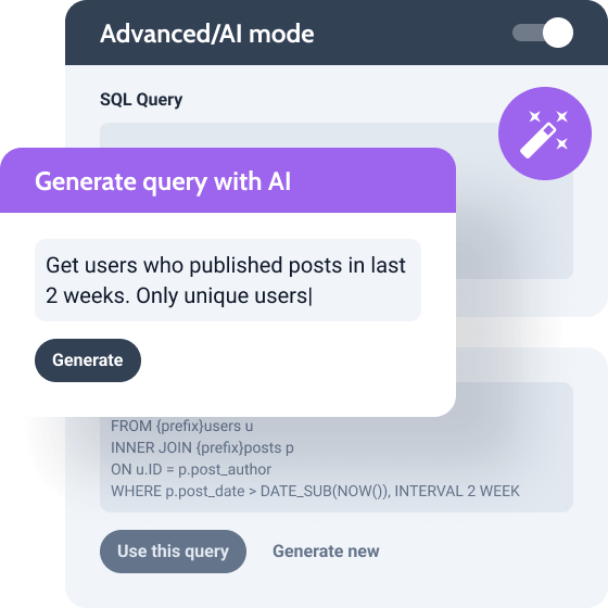 jetengine advanced AI mode and sql query generator UI