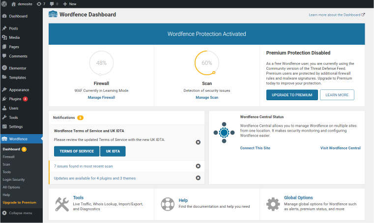 wordfence plugin dashboard