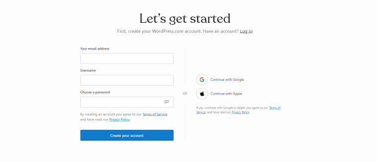 wordpress.com signup window