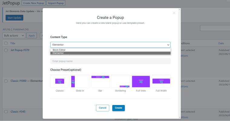 choose editor in jetpopup