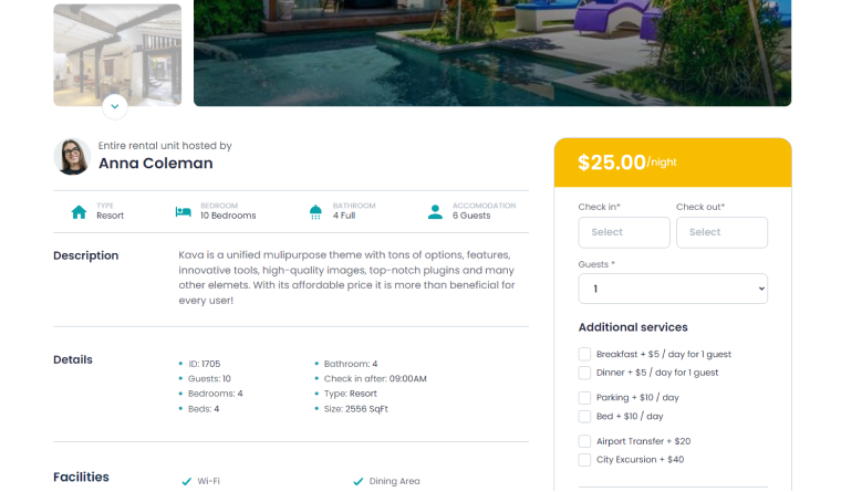 single property page on a WordPress rental site
