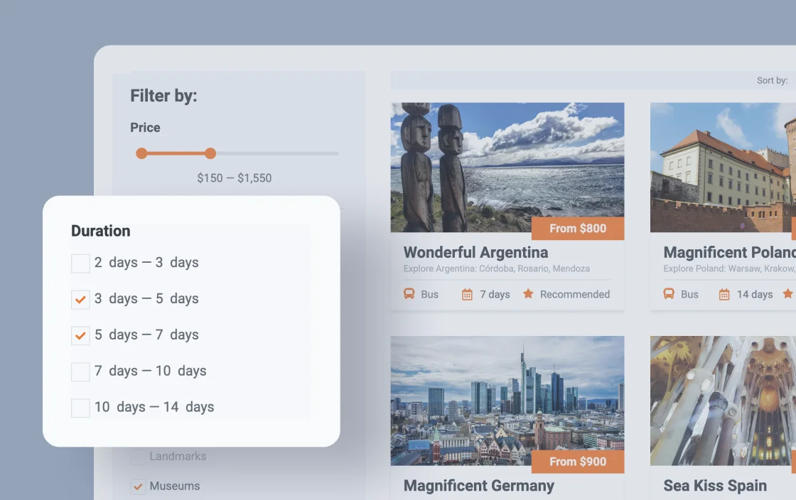 JetSmartFilters check range filter widget for travel agency template demo for Elementor