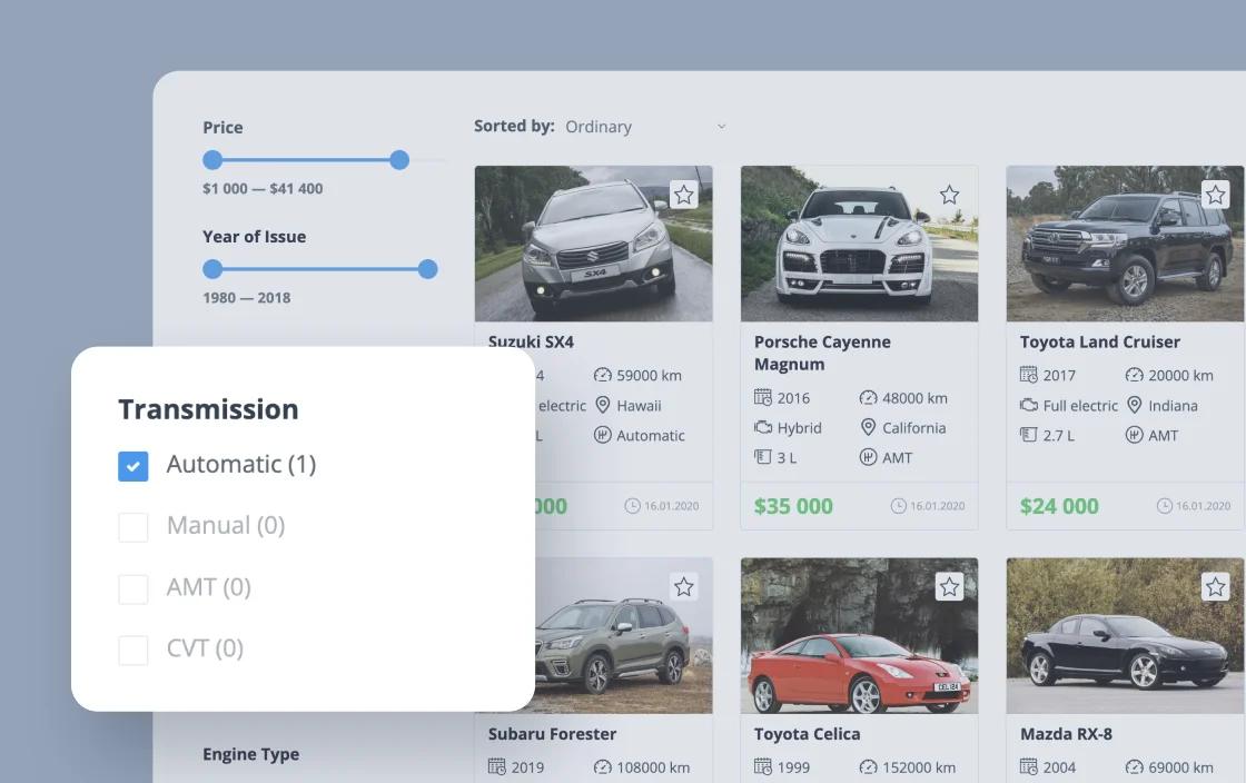 JetSmartFilters checkboxes filter widget for car dealer template demo for Gutenberg