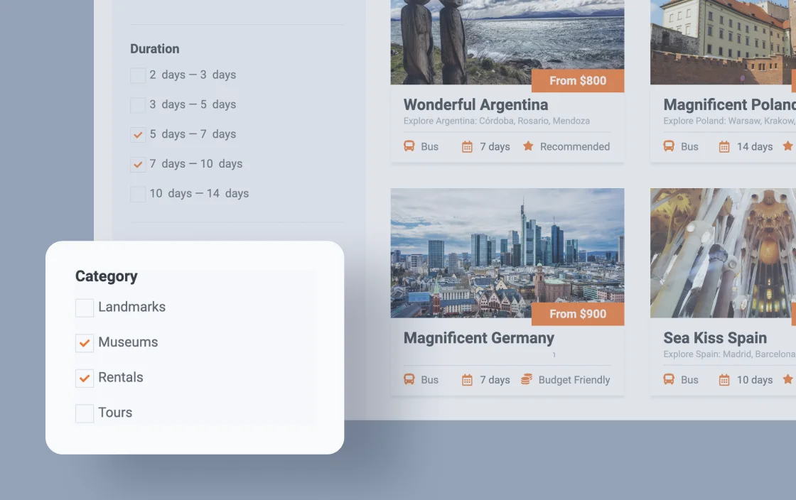 JetSmartFilters checkboxes filter widget for travel agency template demo for Elementor