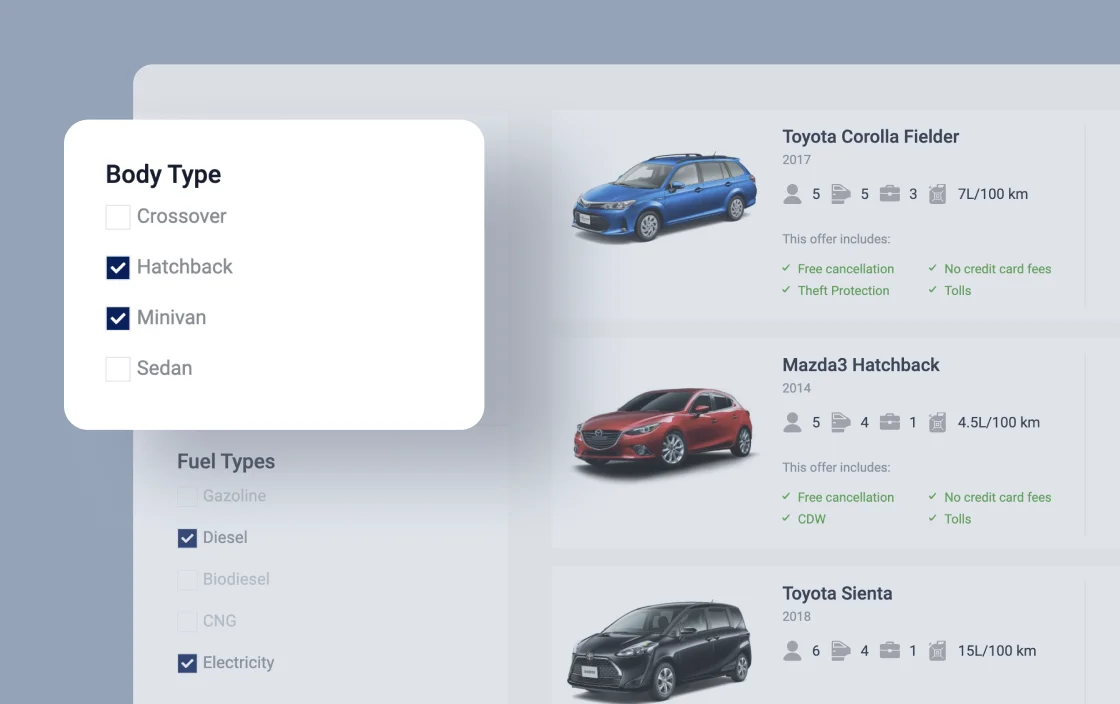 JetSmartFilters checkboxes filter widget for car rental template demo for Elementor
