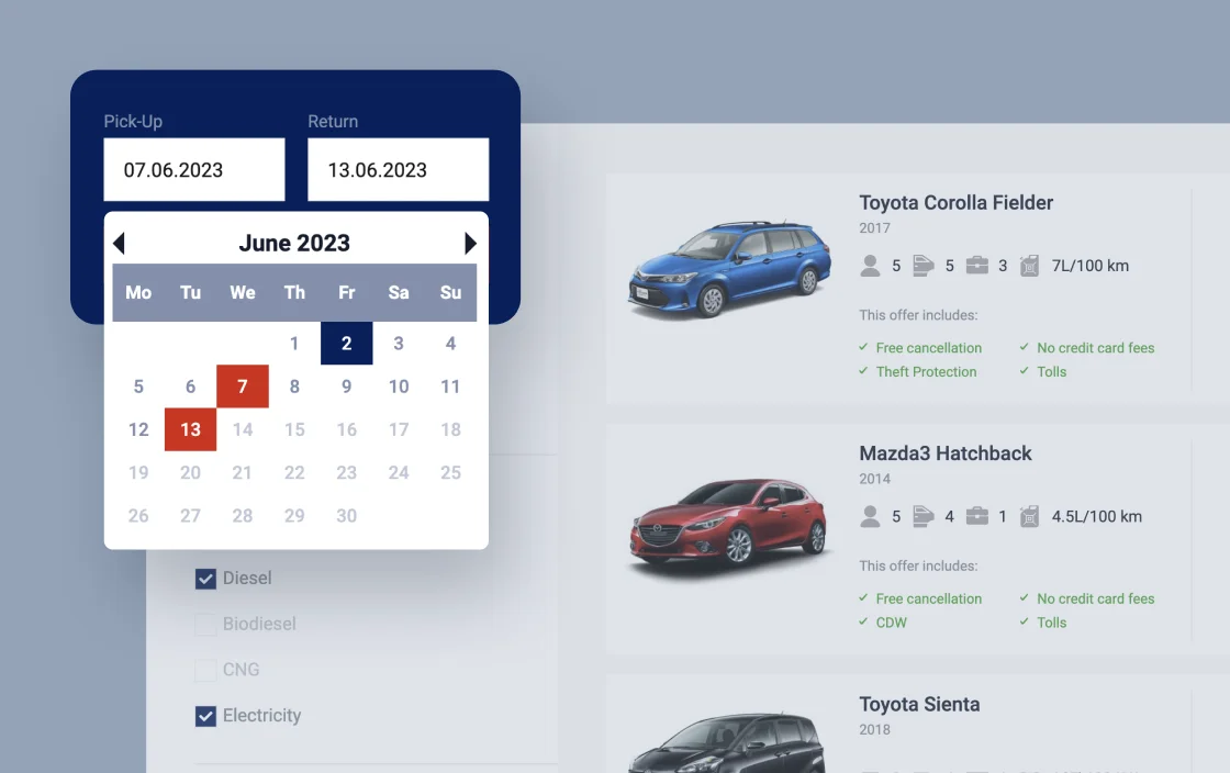 JetSmartFilters date range filter widget for car rental template demo for Elementor