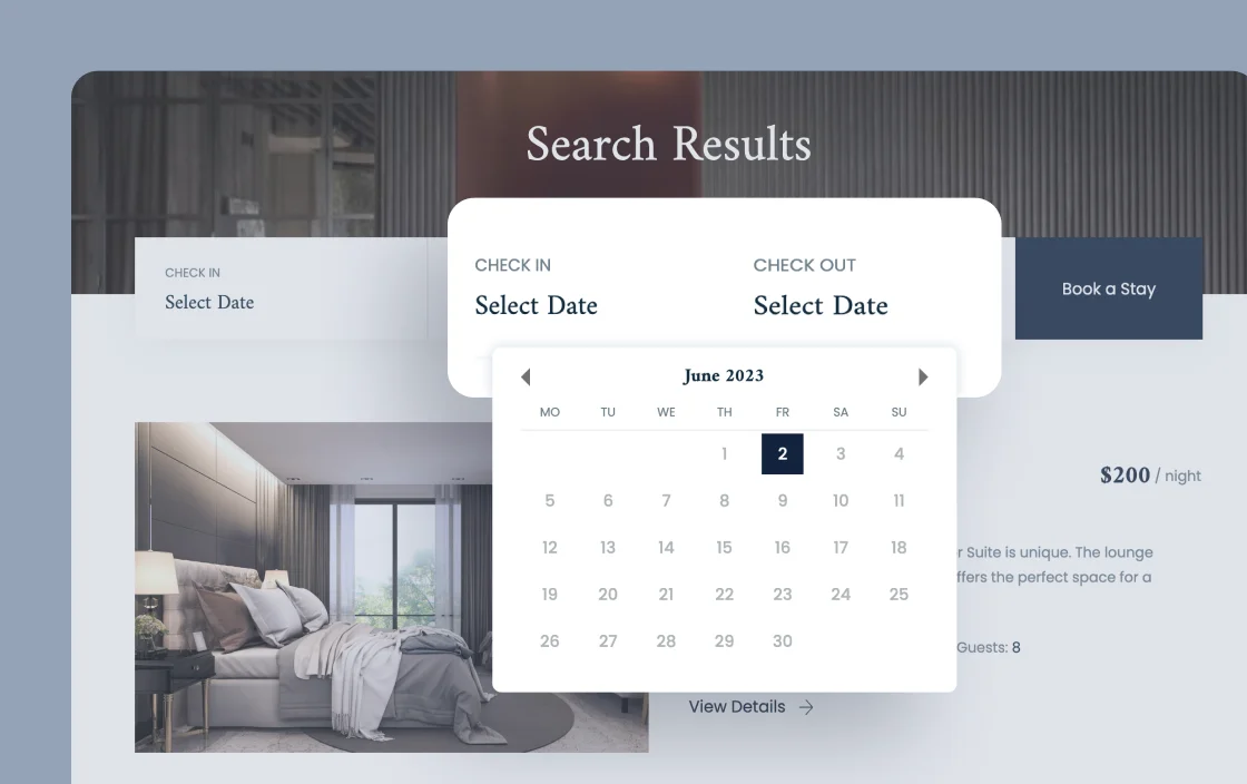 JetSmartFilters date range filter widget for mini-hotel booking template demo for Elementor