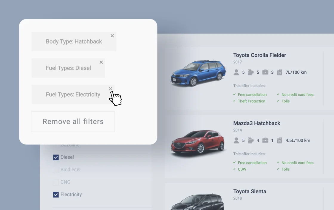 JetSmartFilters active filters widget for car rental template demo for Elementor