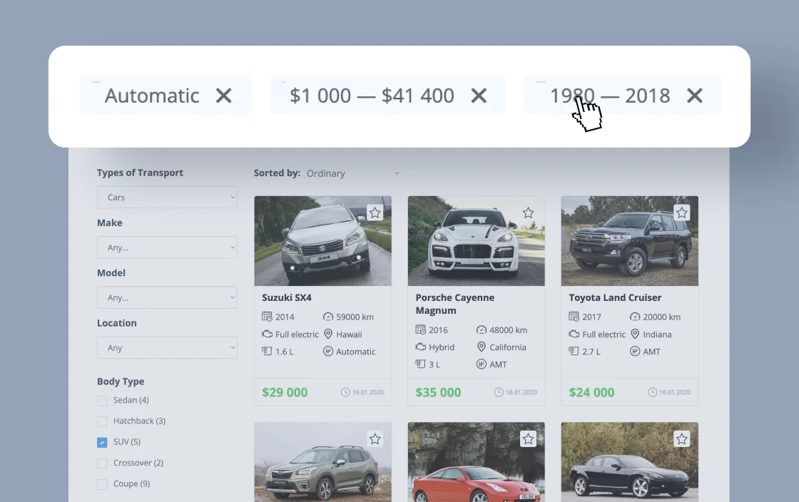 JetSmartFilters active filters widget for car dealer template demo for Gutenberg