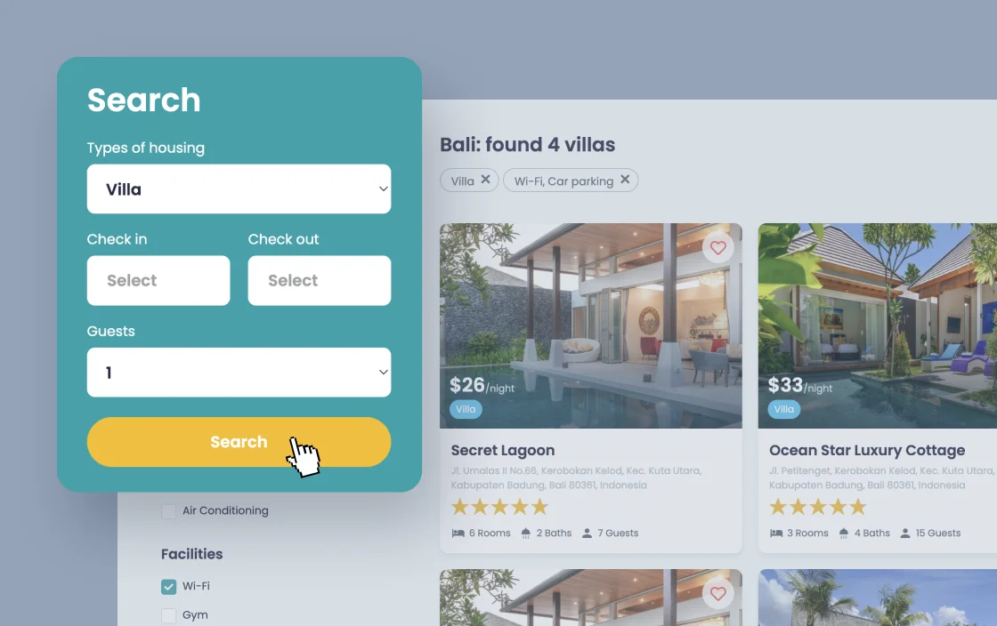 JetSmartFilters apply button widget for vacation rental template demo for Elementor