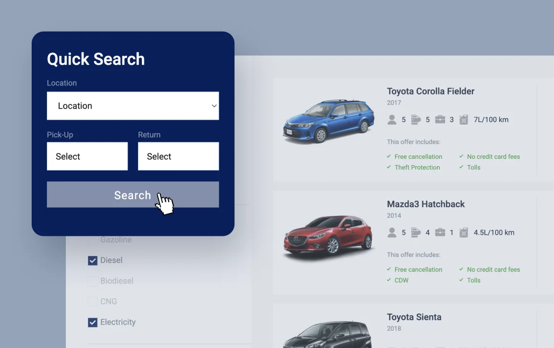 JetSmartFilters apply button widget for car rental template demo for Elementor