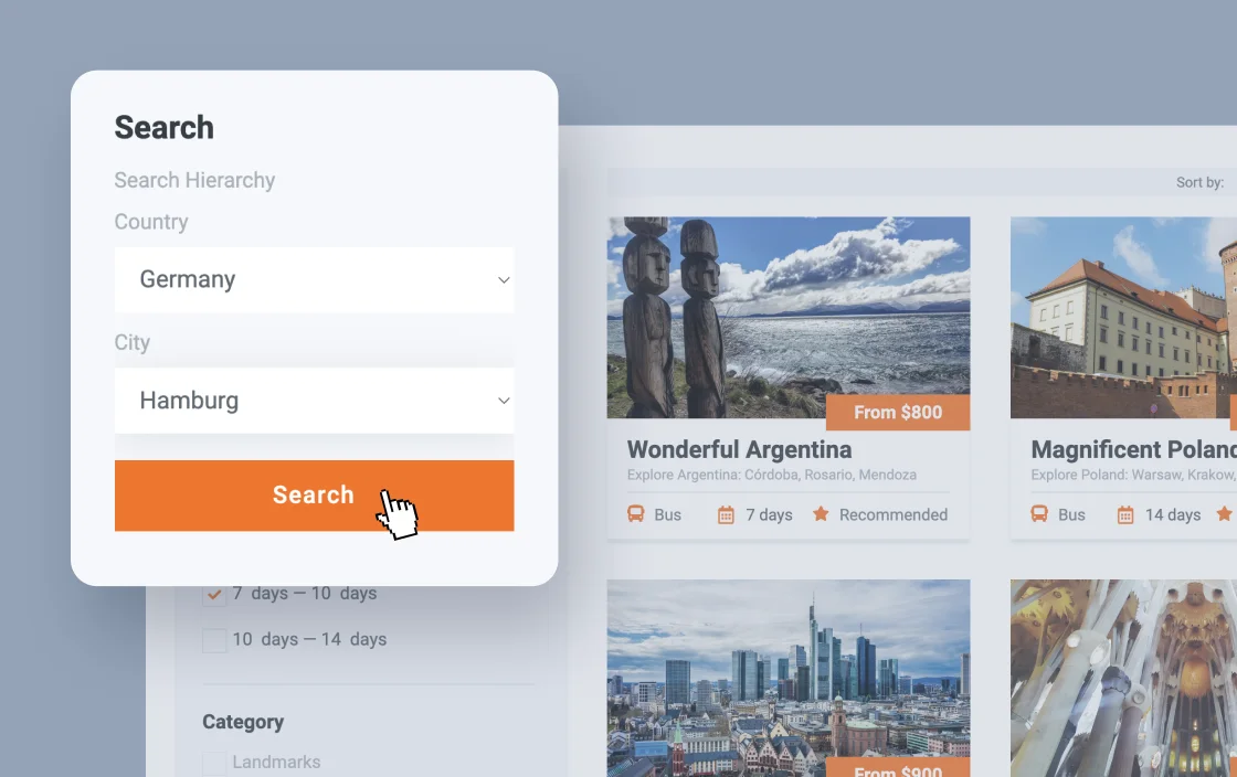 JetSmartFilters apply button widget for travel agency template demo for Elementor