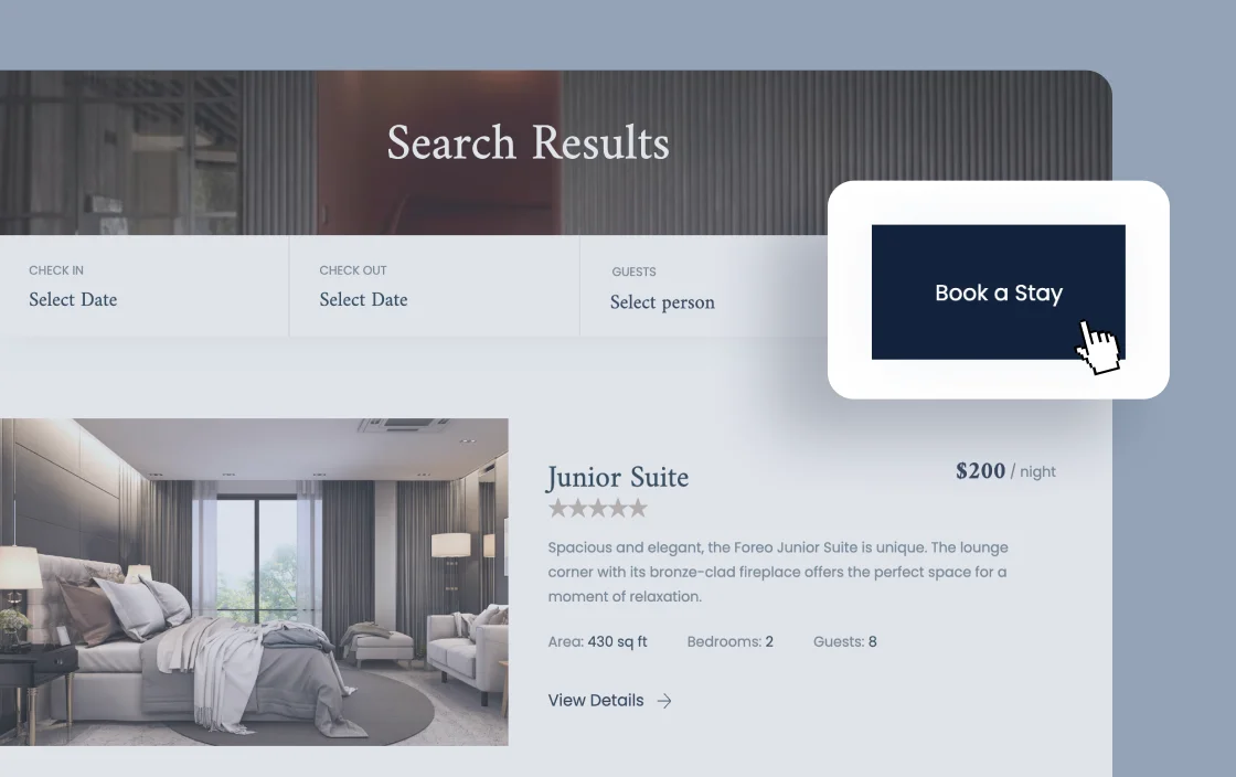 JetSmartFilters apply button widget for mini-hotel booking template demo for Elementor