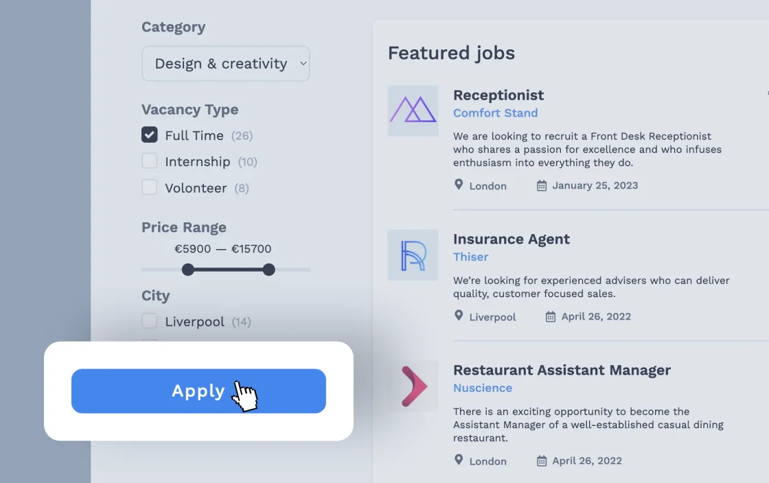 JetSmartFilters apply button widget for job board template demo for Elementor