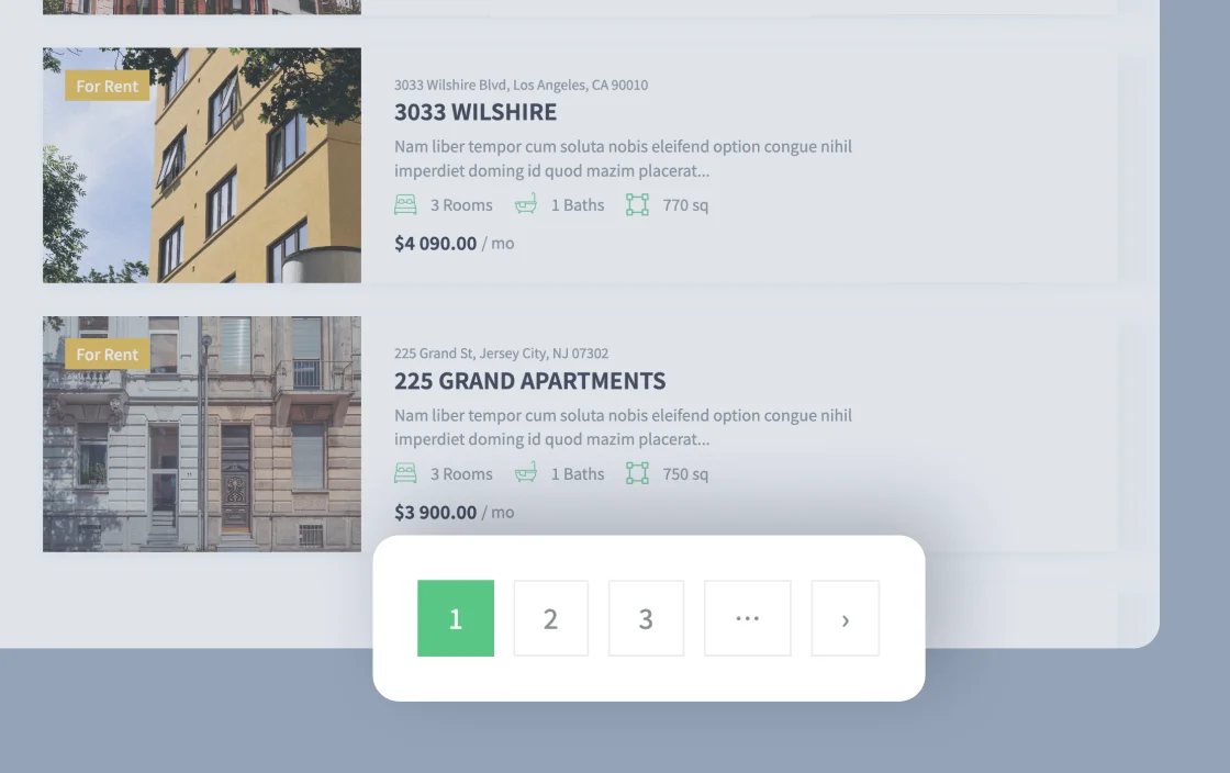 JetSmartFilters pagination widget for real estate template demo for Elementor