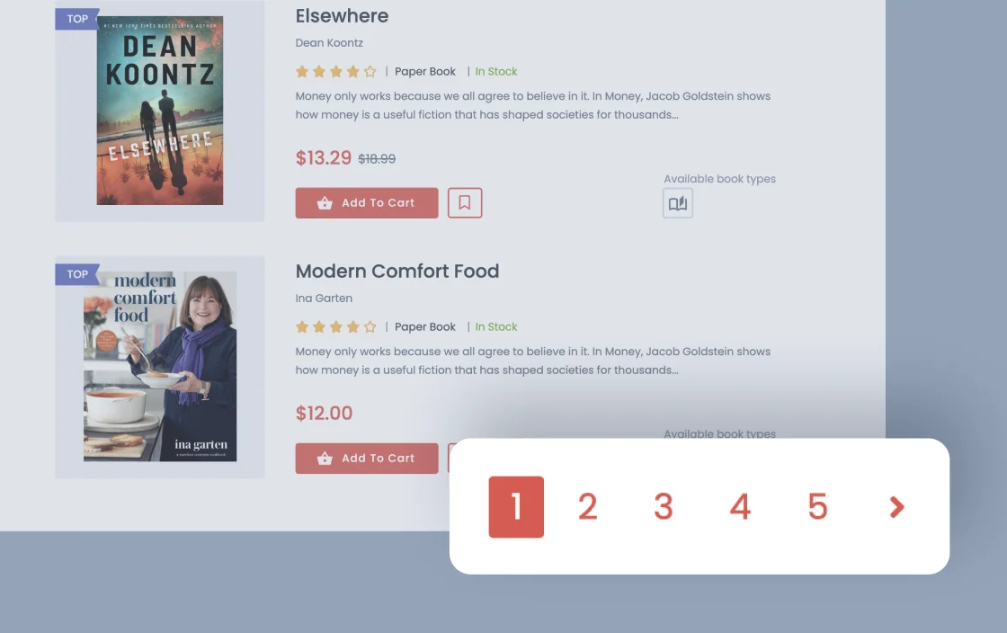 JetSmartFilters pagination widget for bookstore template demo for Elementor