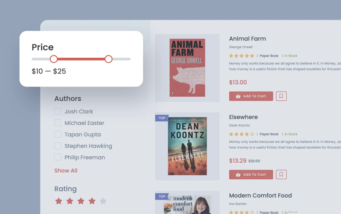JetSmartFilters range filter widget for bookstore template demo for Elementor