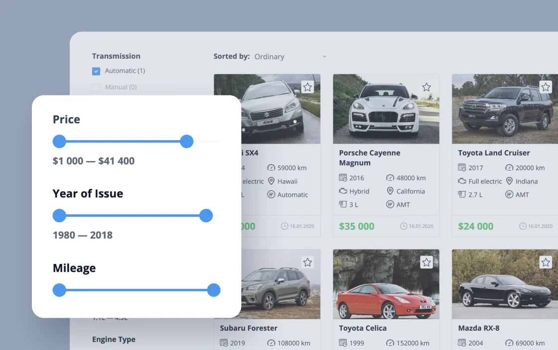 JetSmartFilters range filter widget for car dealer template demo for Gutenberg