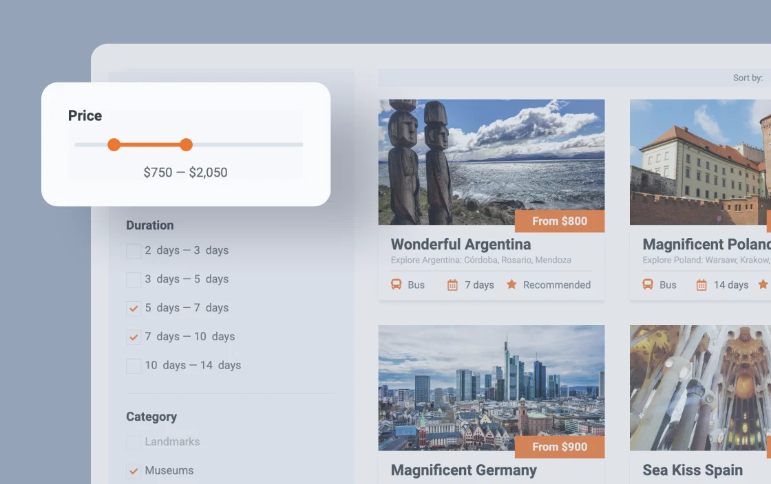 JetSmartFilters range filter widget for travel agency template demo for Elementor