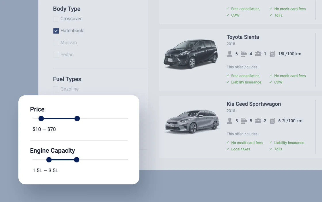 JetSmartFilters range filter widget for car rental template demo for Elementor