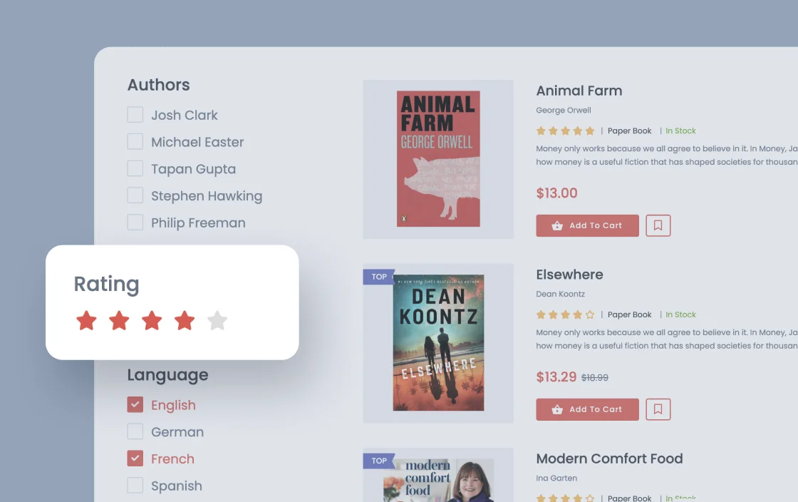 JetSmartFilters rating filter widget for bookstore template demo for Elementor