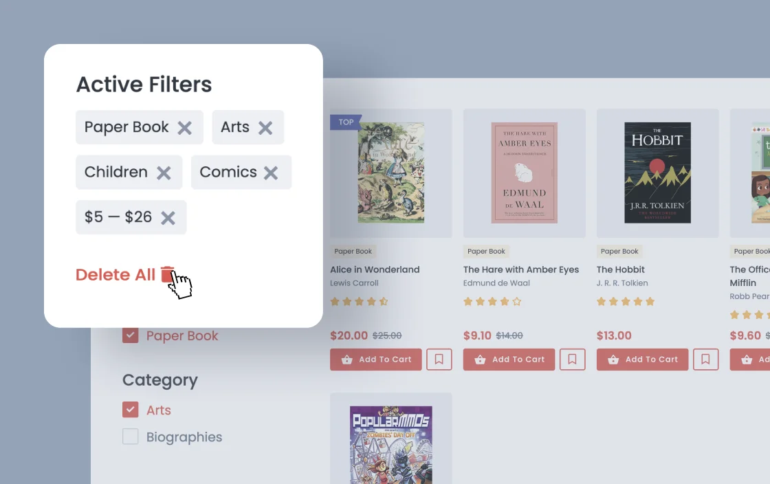 JetSmartFilters remove filters widget for bookstore template demo for Elementor