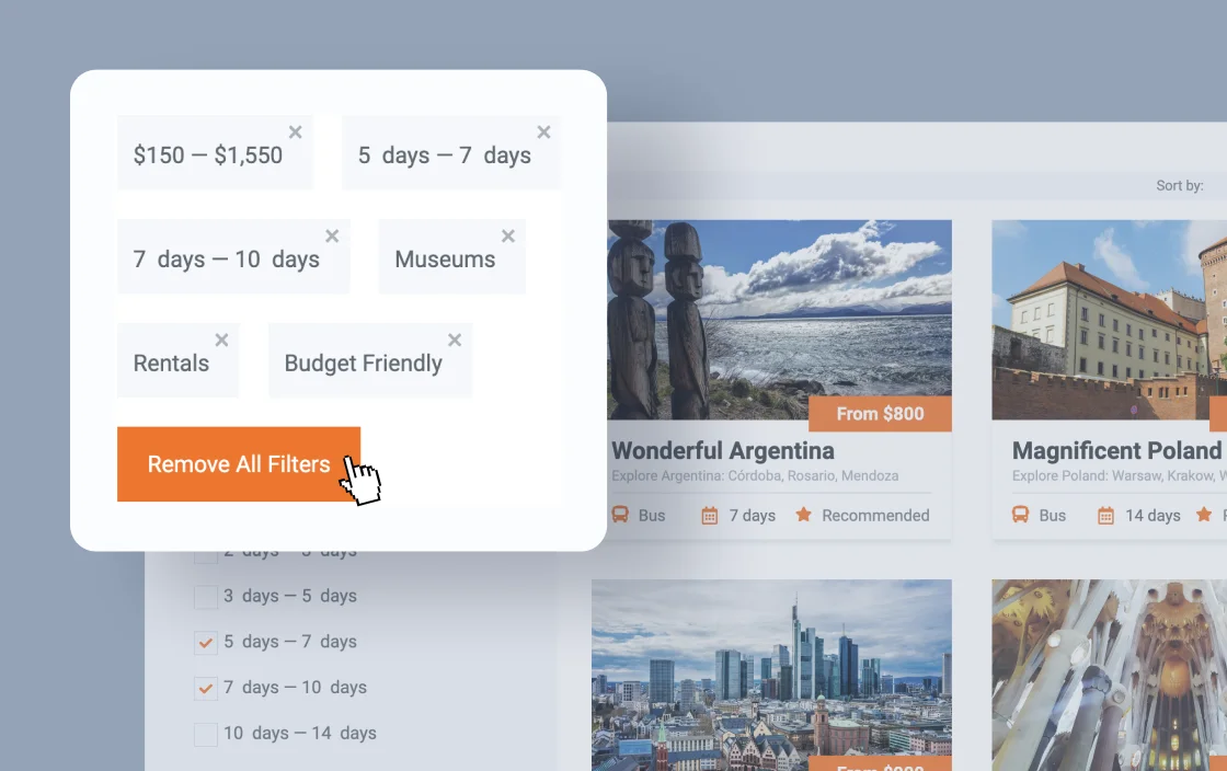 JetSmartFilters remove filters widget for travel agency template demo for Elementor