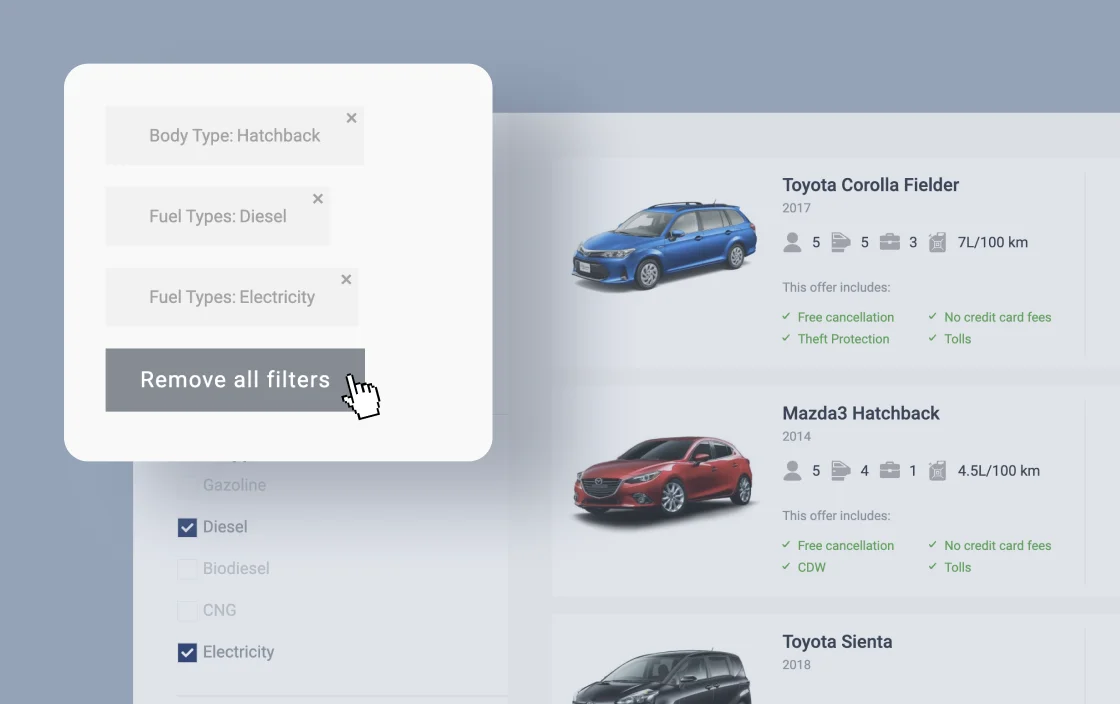 JetSmartFilters remove filters widget for car rental template demo for Elementor