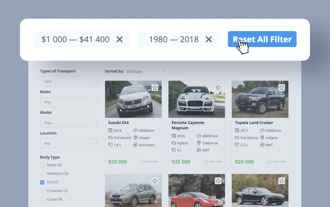 JetSmartFilters remove filters widget for car dealer template demo for Gutenberg