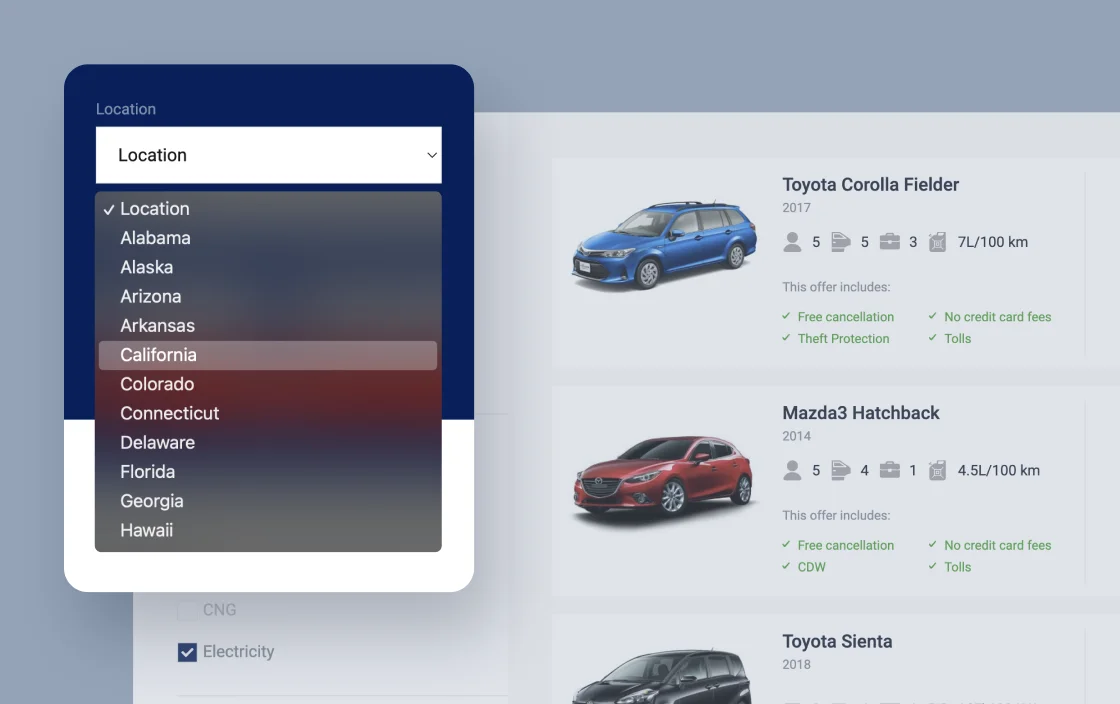 JetSmartFilters select filter widget for car rental template demo for Elementor