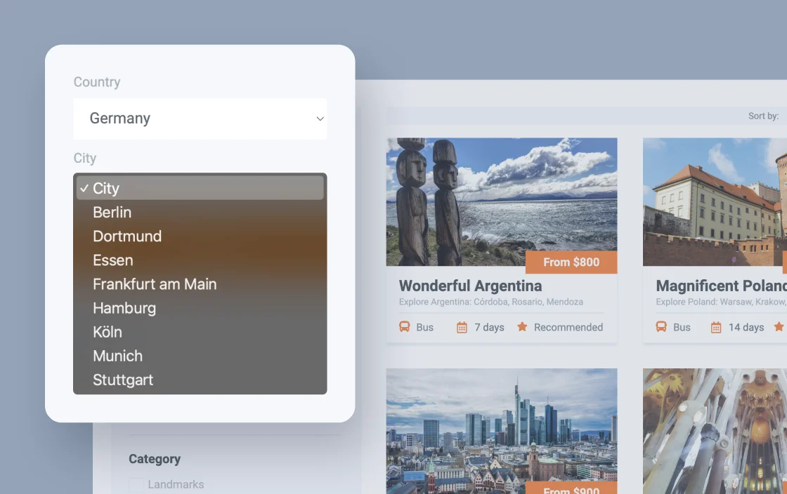 JetSmartFilters select filter widget for travel agency template demo for Elementor