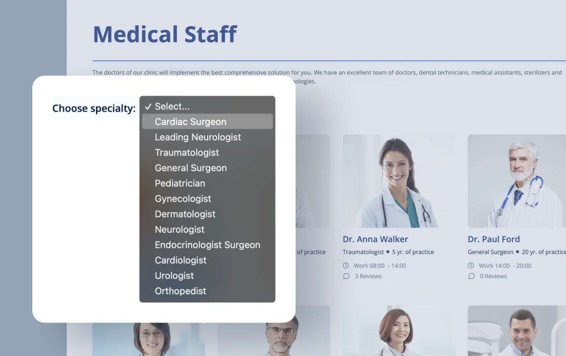 JetSmartFilters select filter widget for medical appointment template demo for Elementor