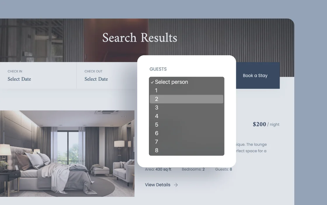 JetSmartFilters select filter widget for mini-hotel booking template demo for Elementor