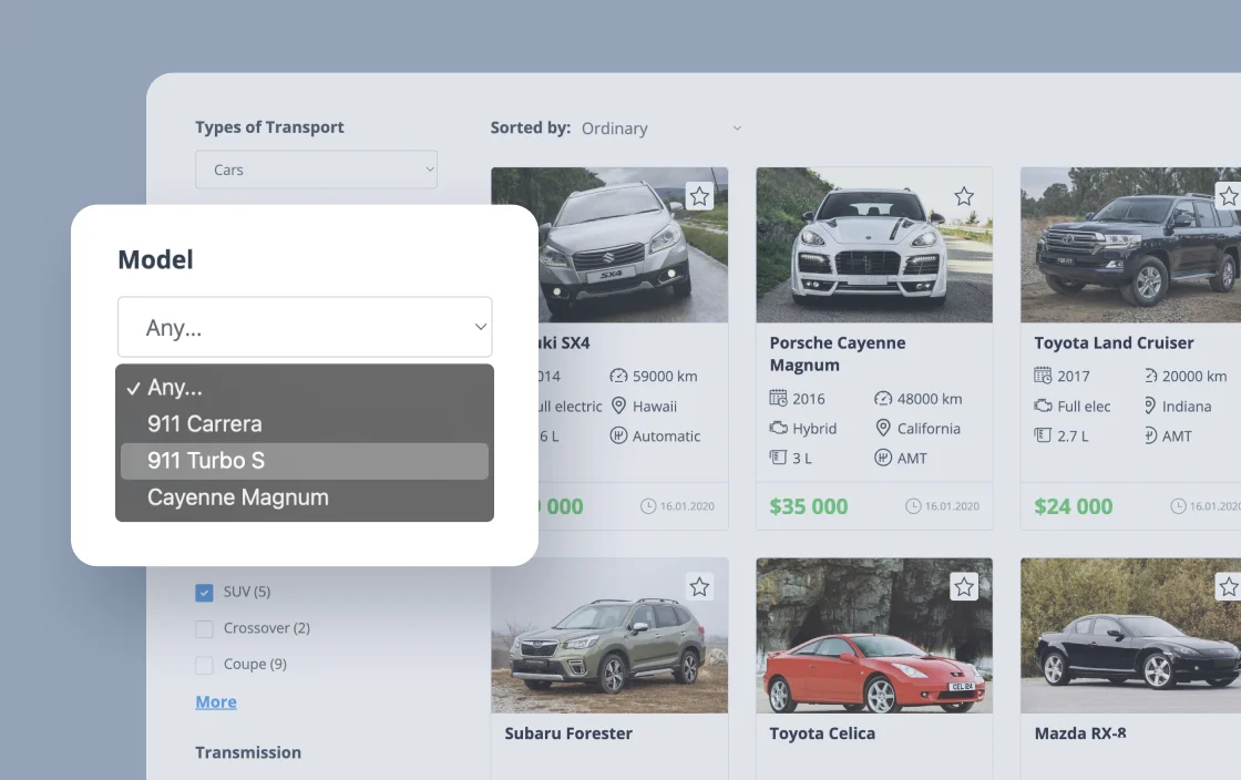 JetSmartFilters select filter widget for car dealer template demo for Gutenberg