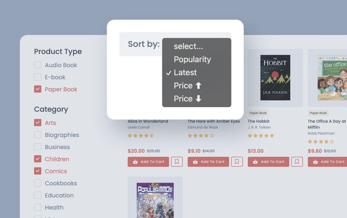 JetSmartFilters sorting filter widget for bookstore template demo for Elementor