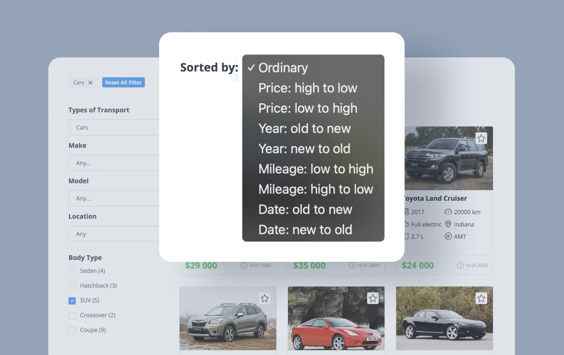 JetSmartFilters sorting filter widget for car dealer template demo for Gutenberg