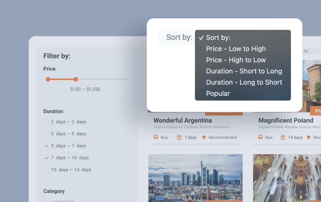 JetSmartFilters sorting filter widget for travel agency template demo for Elementor