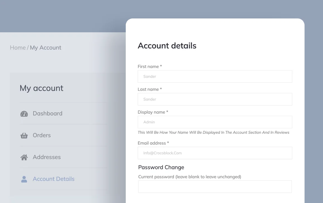 JetWooBuilder Account Details widget for WooCommerce shop template demo for Elementor