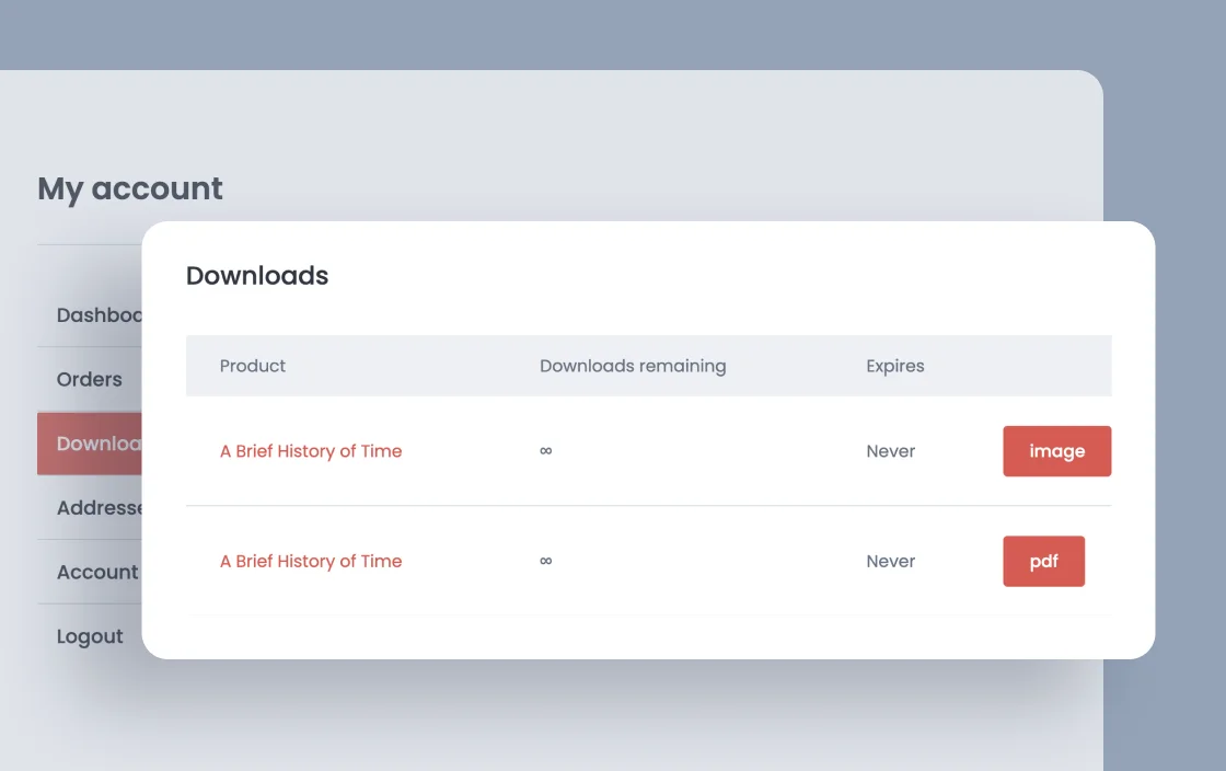 JetWooBuilder Account Downloads widget for bookstore template demo for Elementor