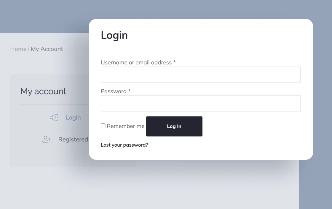 JetWooBuilder Account Login Form widget for WooCommerce shop template demo for Elementor