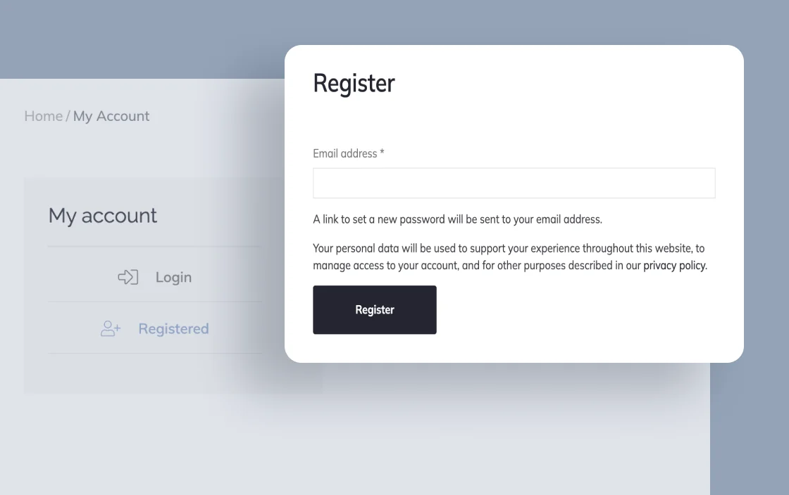 JetWooBuilder Account Registration Form widget for WooCommerce shop template demo for Elementor
