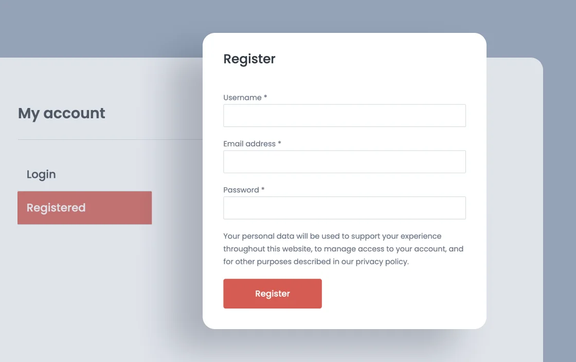 JetWooBuilder Account Registration Form widget for bookstore template demo for Elementor