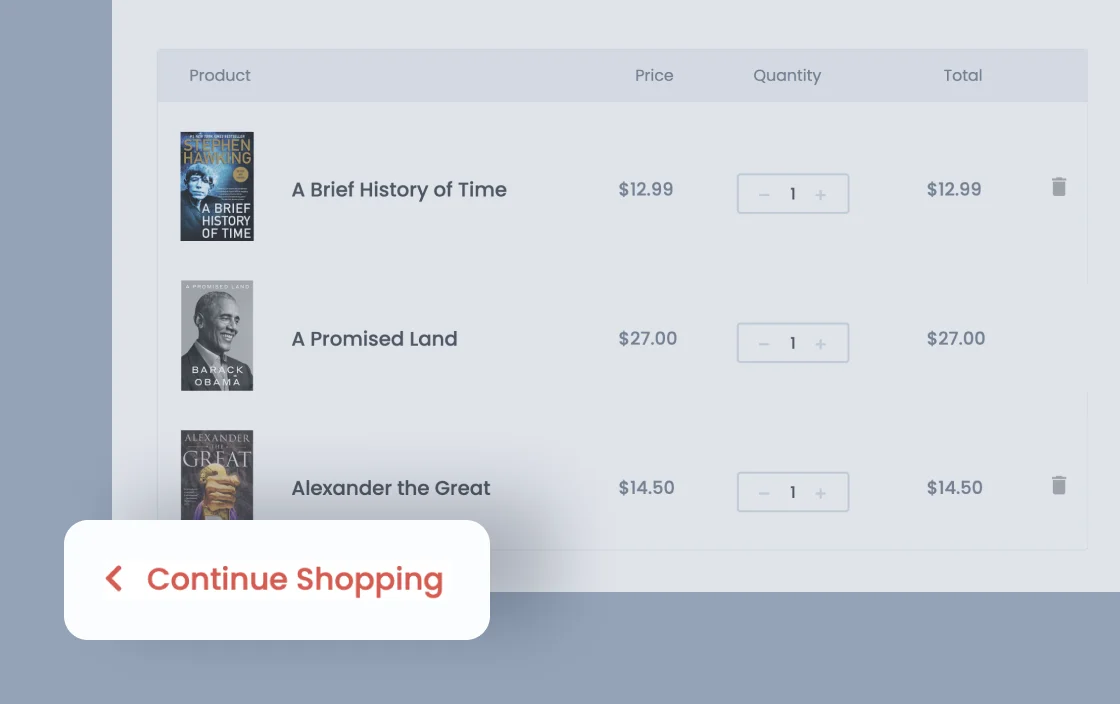 JetWooBuilder Cart Return to Shop widget for bookstore template demo for Elementor